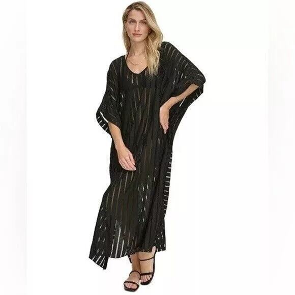 Calvin Klein Striped Maxi Caftan Cover-Up Black ONE SIZE - Picture 3 of 6